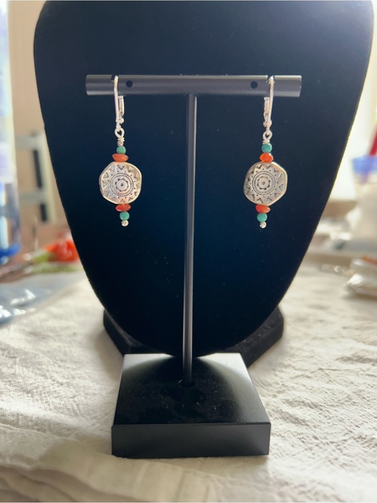Jewelry - Silver Sun Medallion Drop Earrings with Turquoise and Carnelian Beads